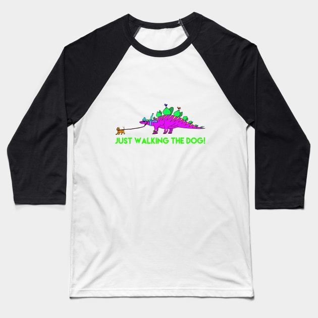Stegosaurus Dinosaur Walking His Chihuahua Dog! Baseball T-Shirt by EmmaFifield